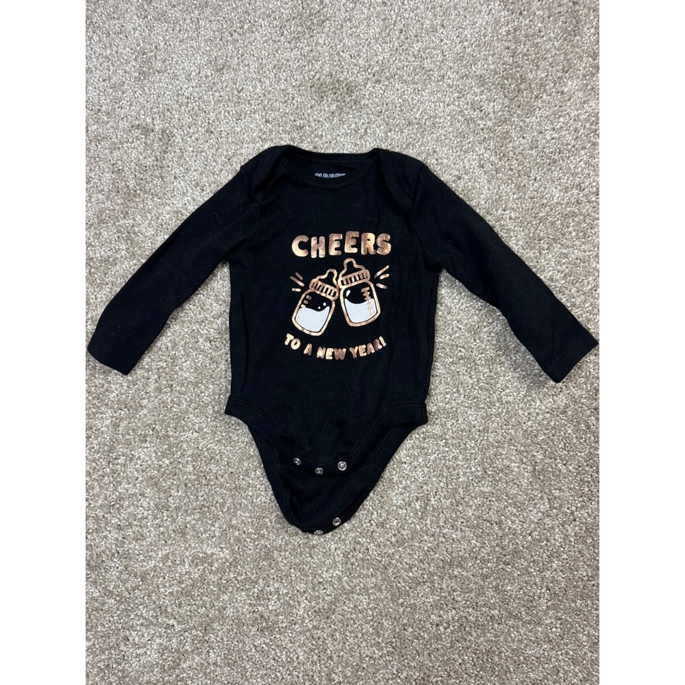 Old Navy Baby Cheers to a New Year Bodysuit Black Rose Gold 3-6M Long Sleeve